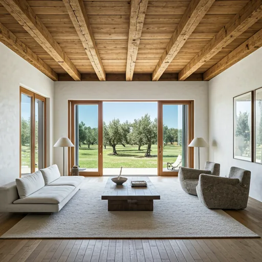 Mediterranean living room with white plaster walls and olive grove views
