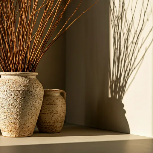 Rustic pottery and dry organic branches in a sunlit interior